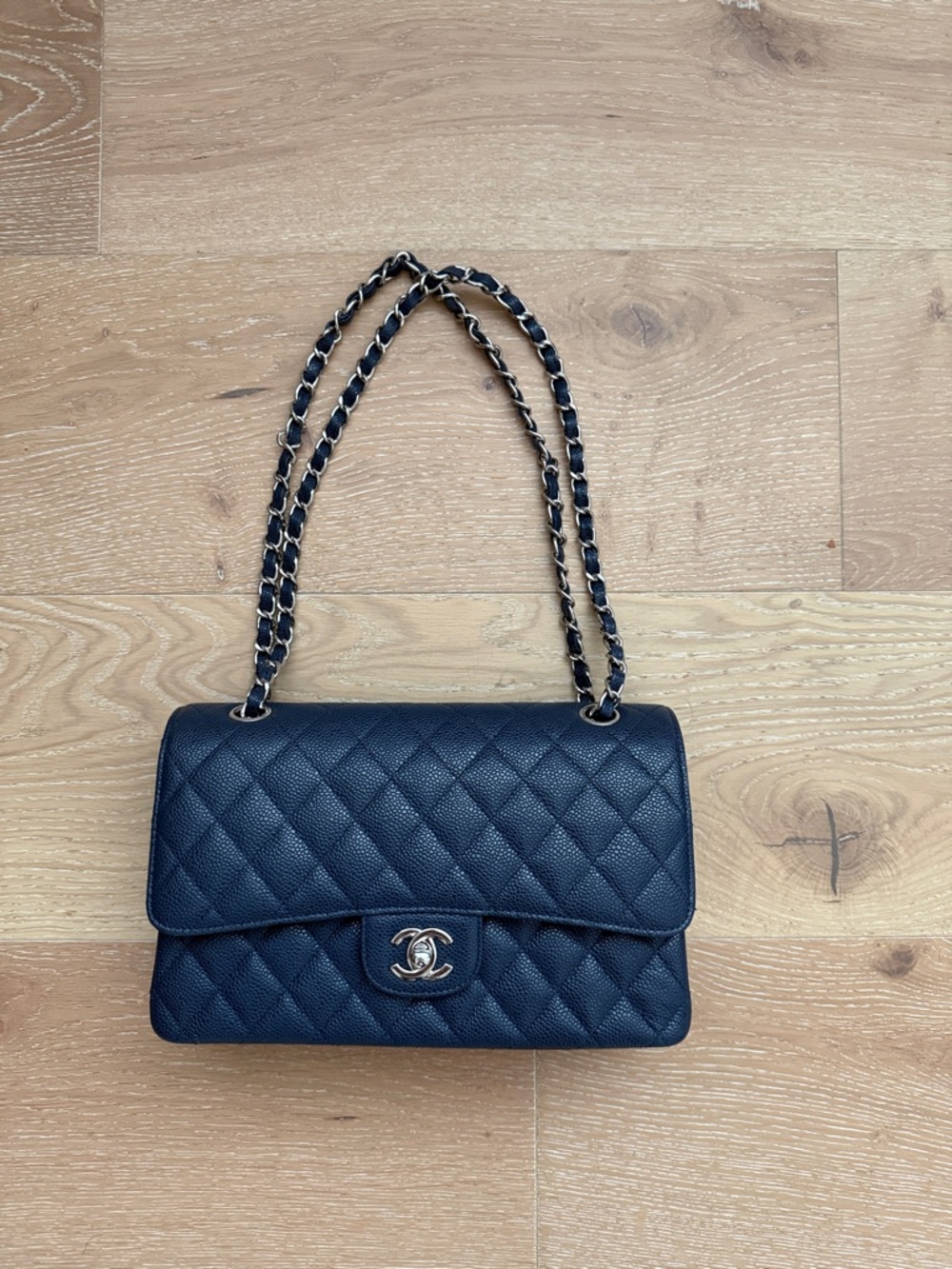 Navy Quilted Double Flap Shoulder Bag